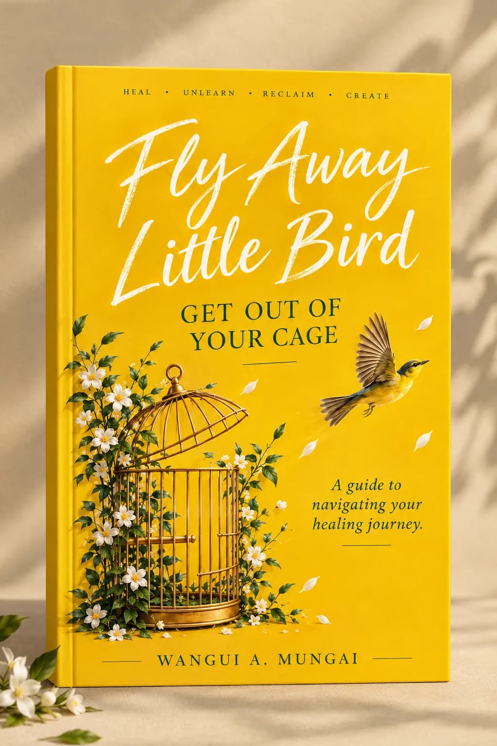 Cover of Fly Away Little Bird by Wangui A. Mungai, a yellow book with an open golden birdcage and a bird flying free